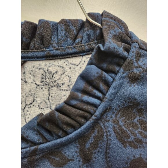 Ann Taylor Top Womens Medium Navy Black Floral Long Sleeve 1/4 Button Office - Picture 4 of 8